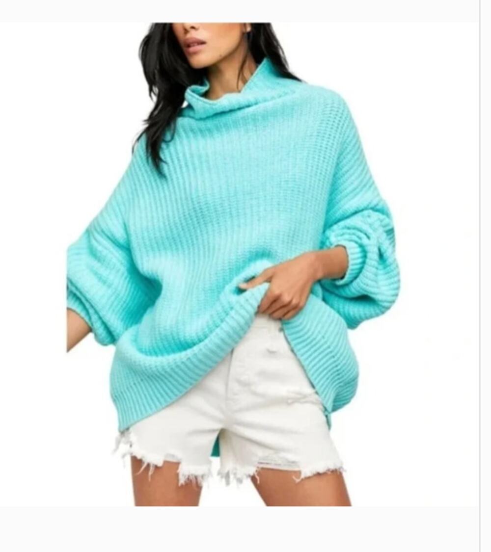 Free People Swim Too Deep Turtleneck Sweater M Oversize Aqua Cozy Lounge Slouchy